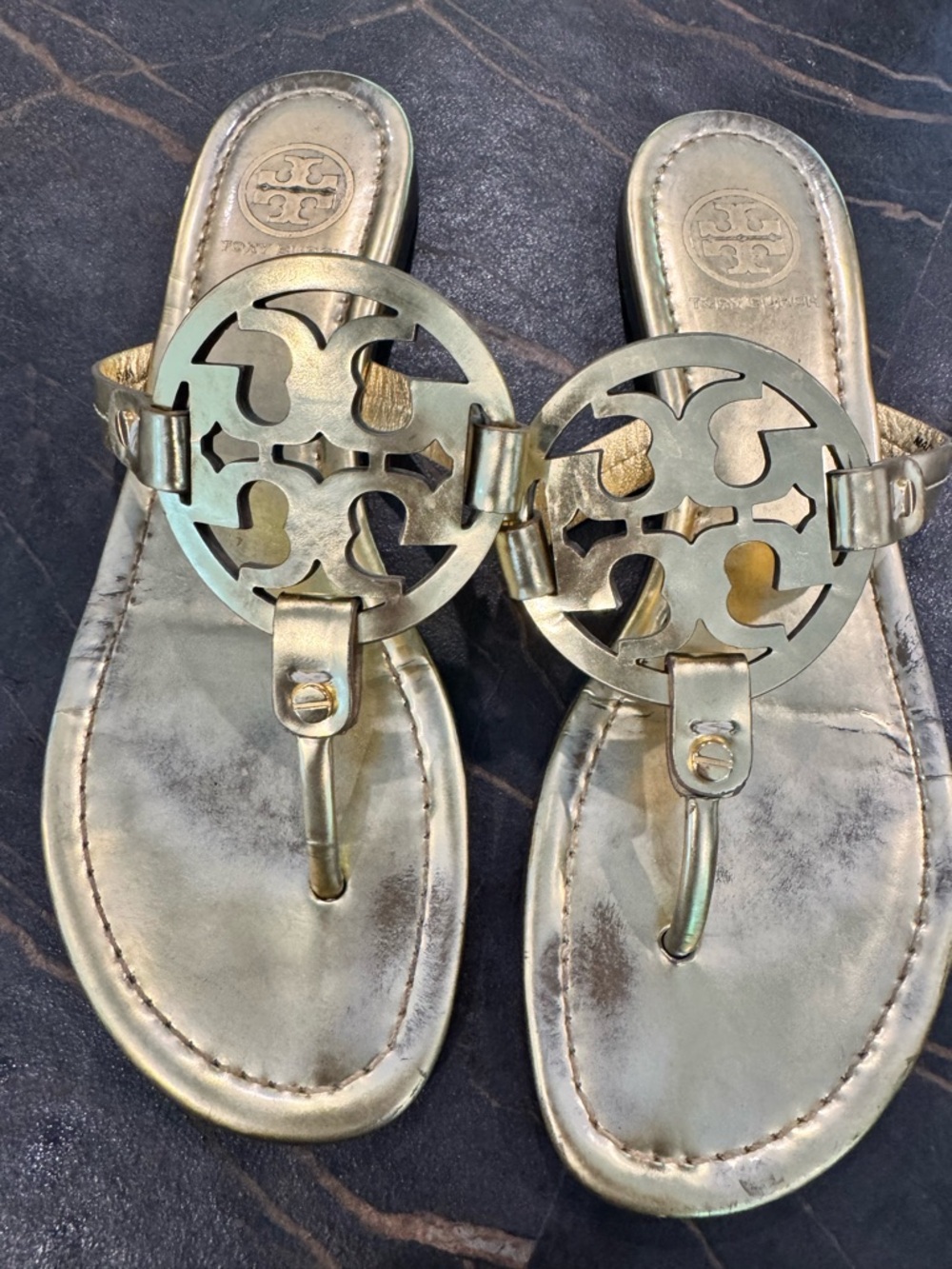 Tory Burch Metallic Gold Logo Thong Sandals